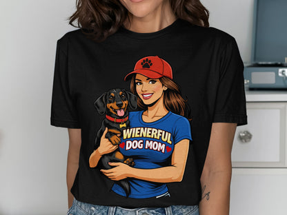 Illustration of a woman in a red hat holding a dachshund with "Wienerful Dog Mom" text.