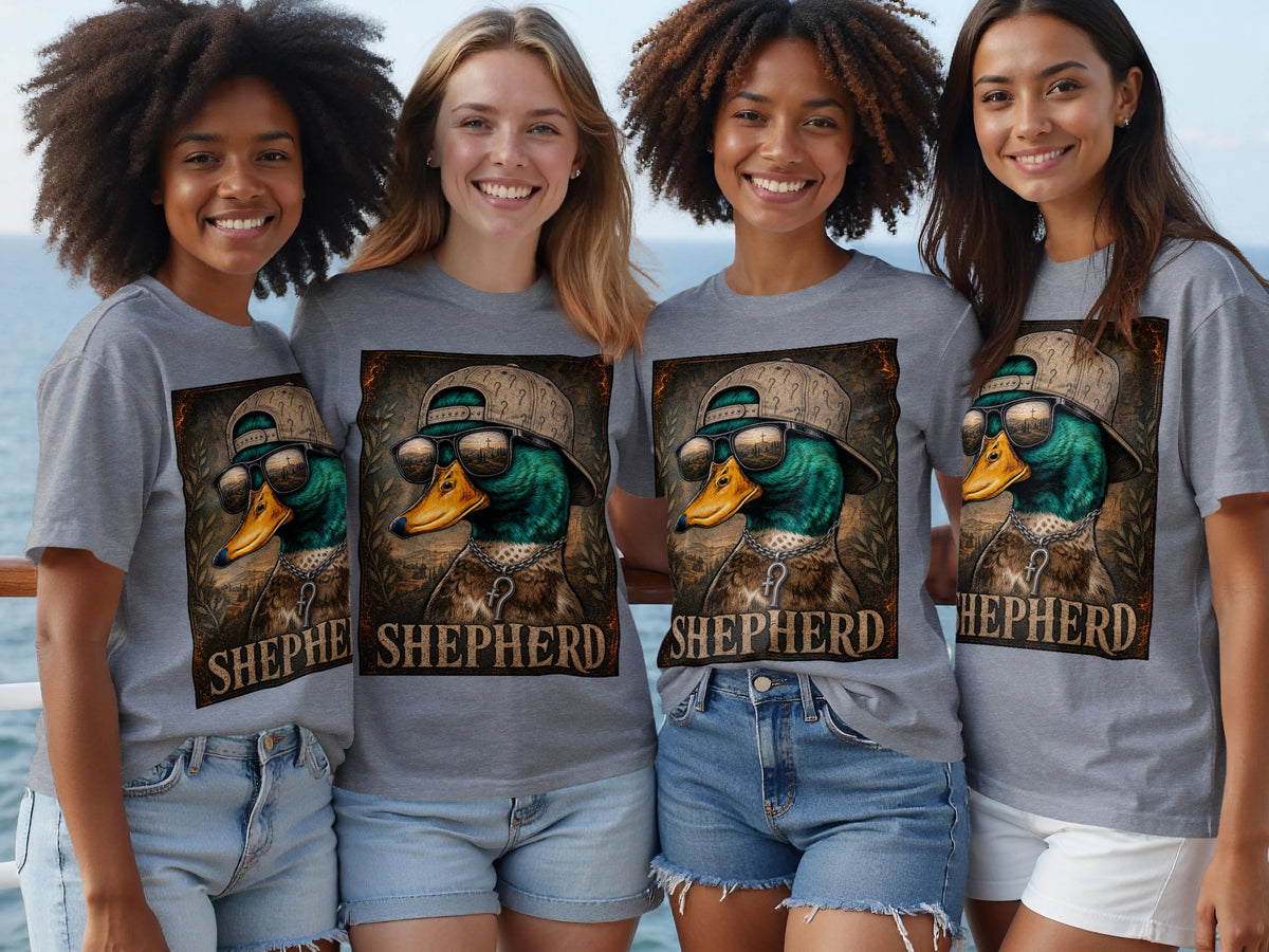 Grey t-shirts featuring a duck wearing sunglasses and a cap, with the word "SHEPHERD".