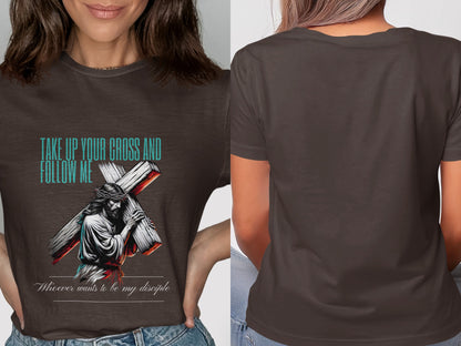 Brown t-shirt with Jesus carrying the cross and text "TAKE UP YOUR CROSS AND FOLLOW ME".