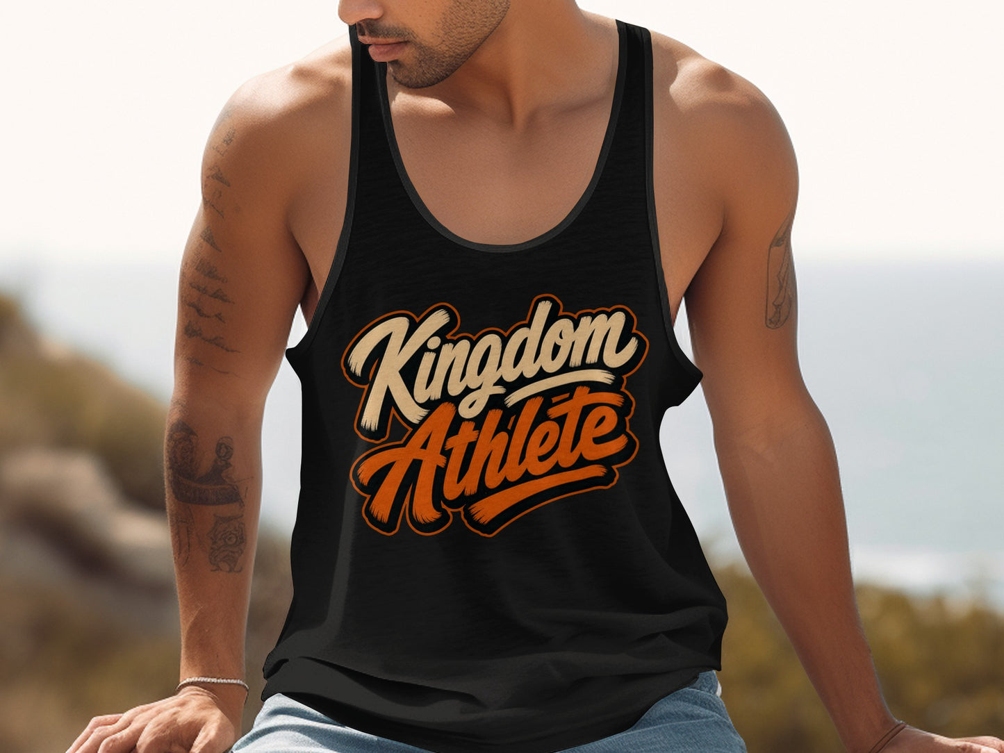Black tank top with "Kingdom Athlete" text in cream and orange.