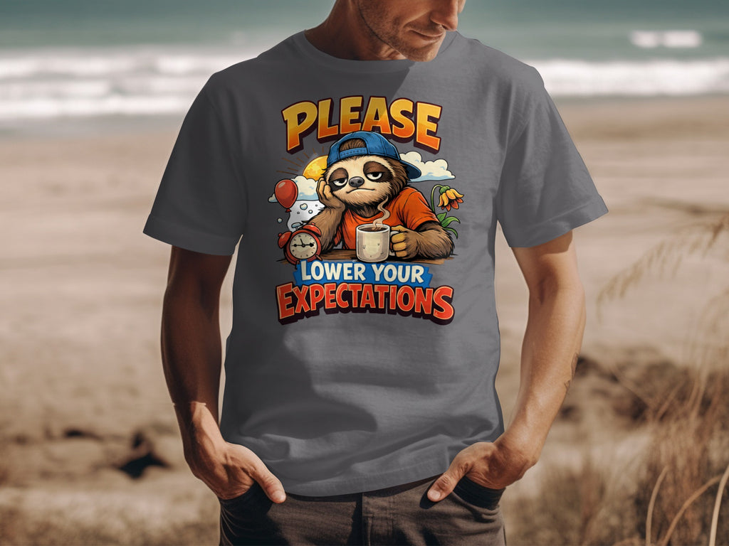 Sloth with coffee, alarm clock, and text "PLEASE LOWER YOUR EXPECTATIONS".