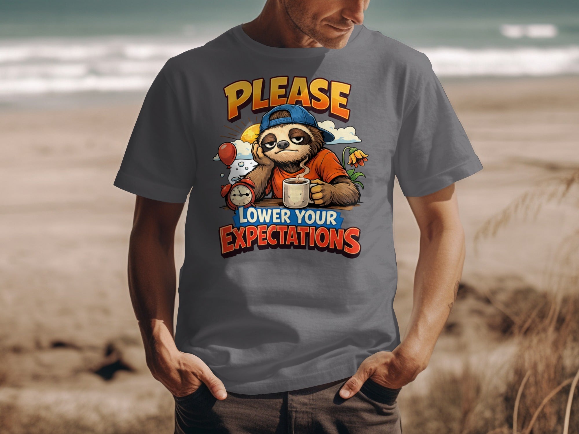 Sloth with coffee, alarm clock, and text "PLEASE LOWER YOUR EXPECTATIONS".