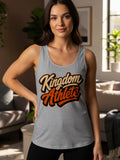 Grey tank top with "Kingdom Athlete" text in orange and cream script.