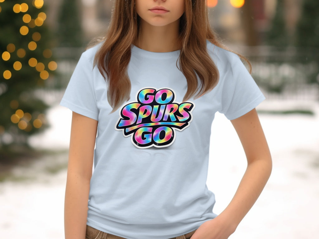 Light blue t-shirt with colorful "GO SPURS GO" graphic on the chest.