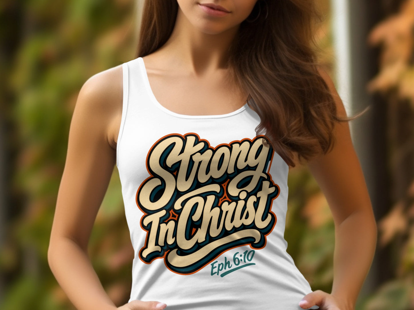 White tank top with "Strong In Christ Eph 6:10" text in retro style font.