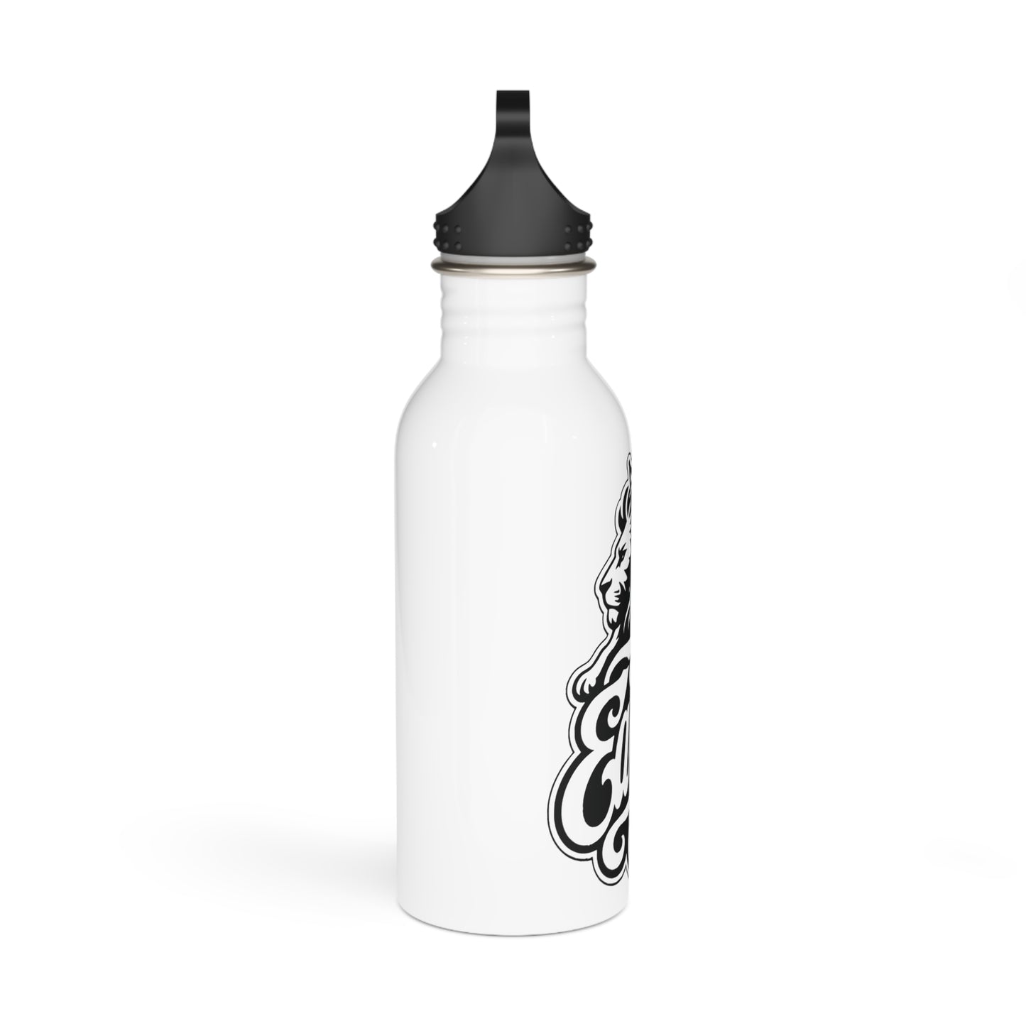 White water bottle with black lid and a black graphic of a lion's head.