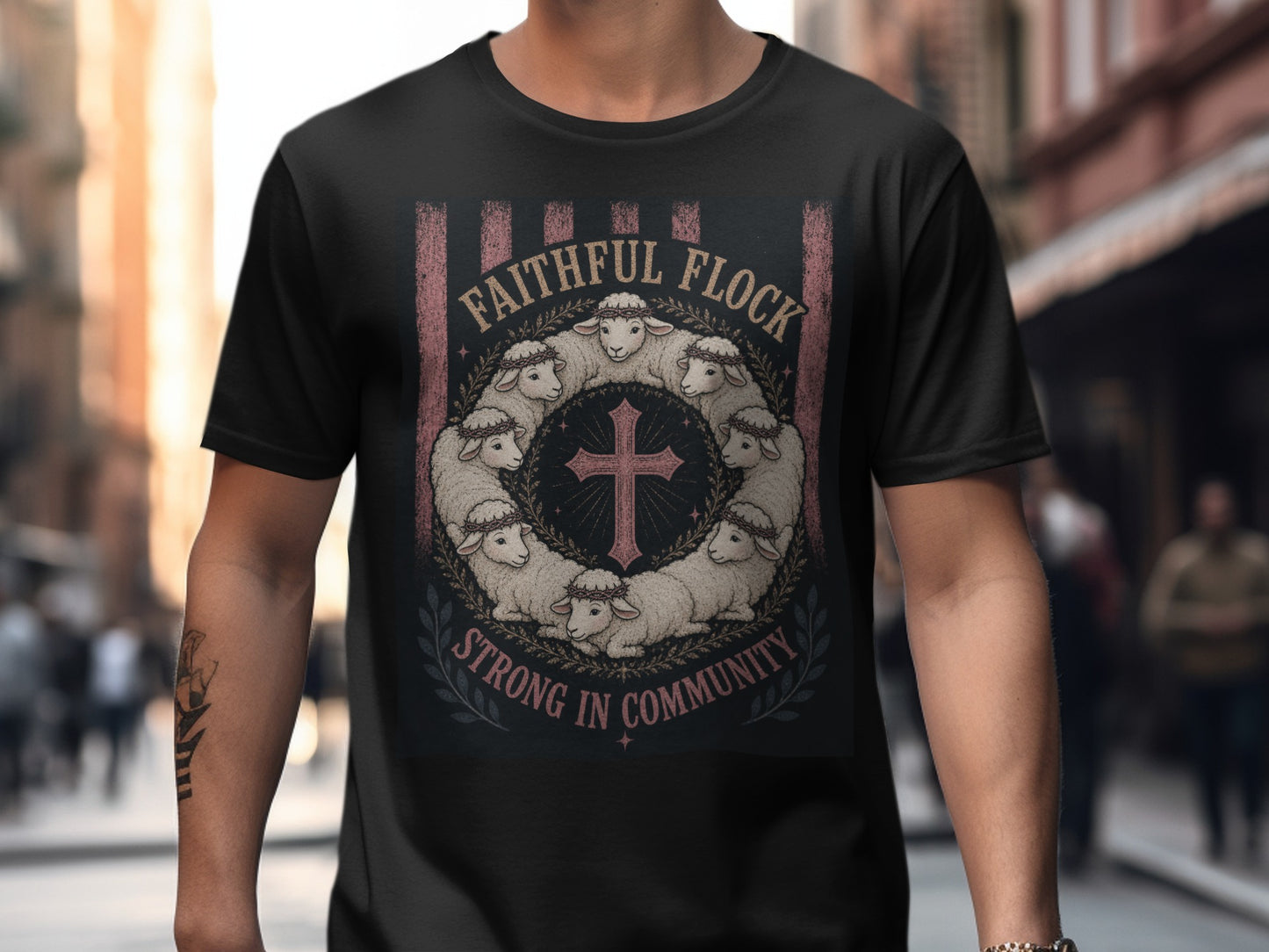 Black t-shirt graphic with sheep, a cross, and text "FAITHFUL FLOCK, STRONG IN COMMUNITY".