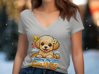 Cute fluffy dog with flower on head, rainbow, and sun graphic reading "Creating My Own Sunshine".