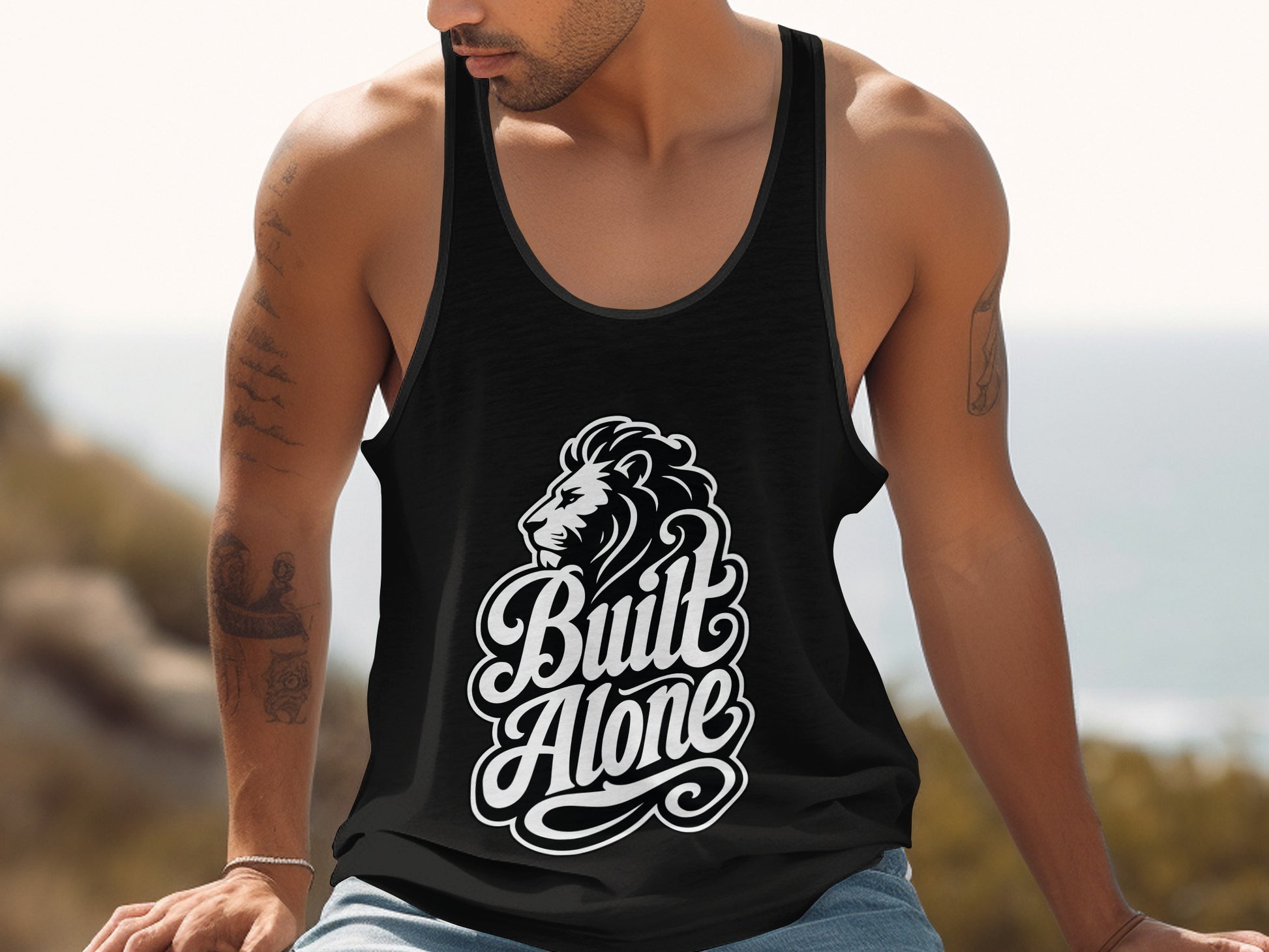 Black tank top with white lion graphic and "Built Alone" text.
