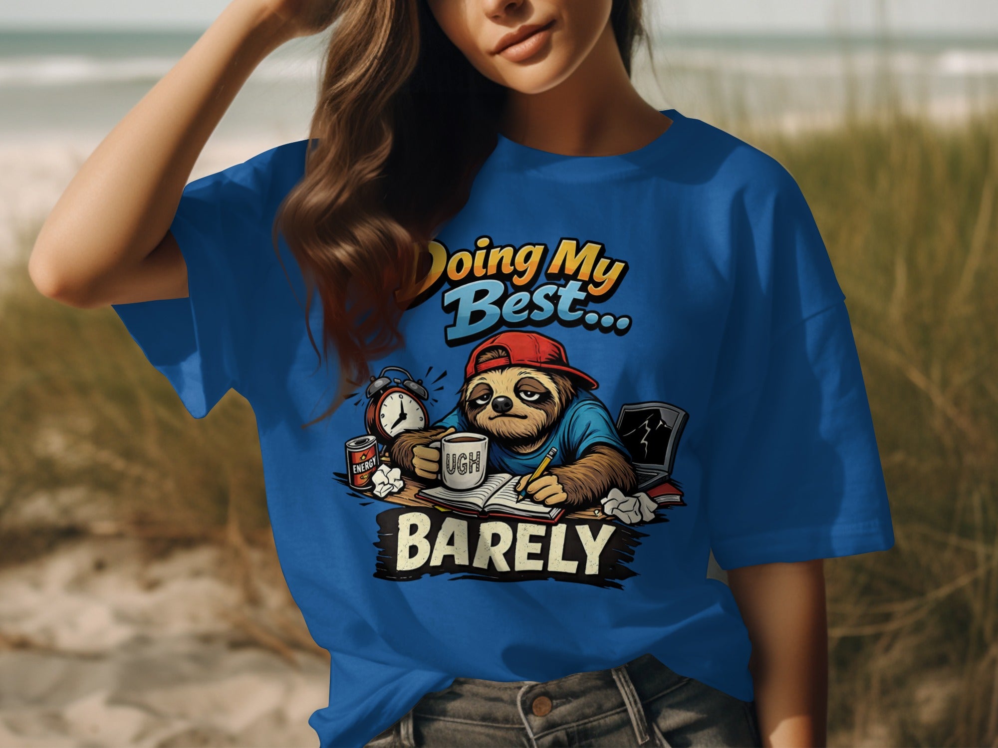 Blue t-shirt with cartoon sloth at desk saying "Doing My Best... BARELY."