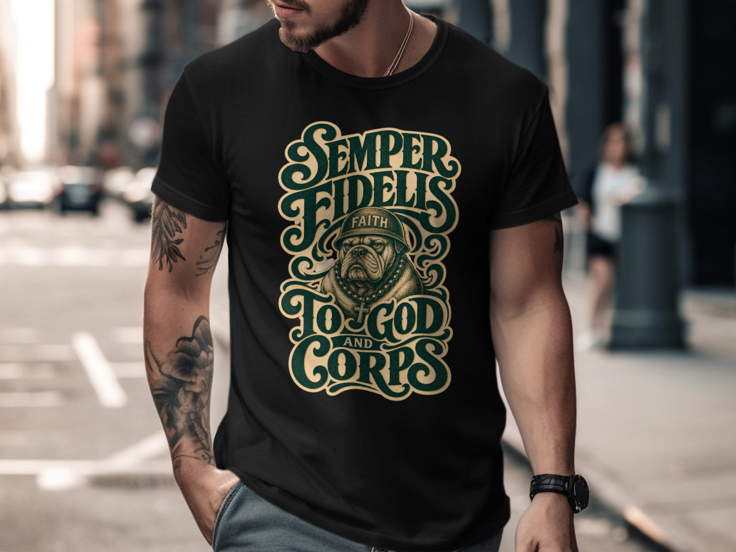 Black t-shirt with "Semper Fidelis Faith To God And Corps" text and bulldog graphic.