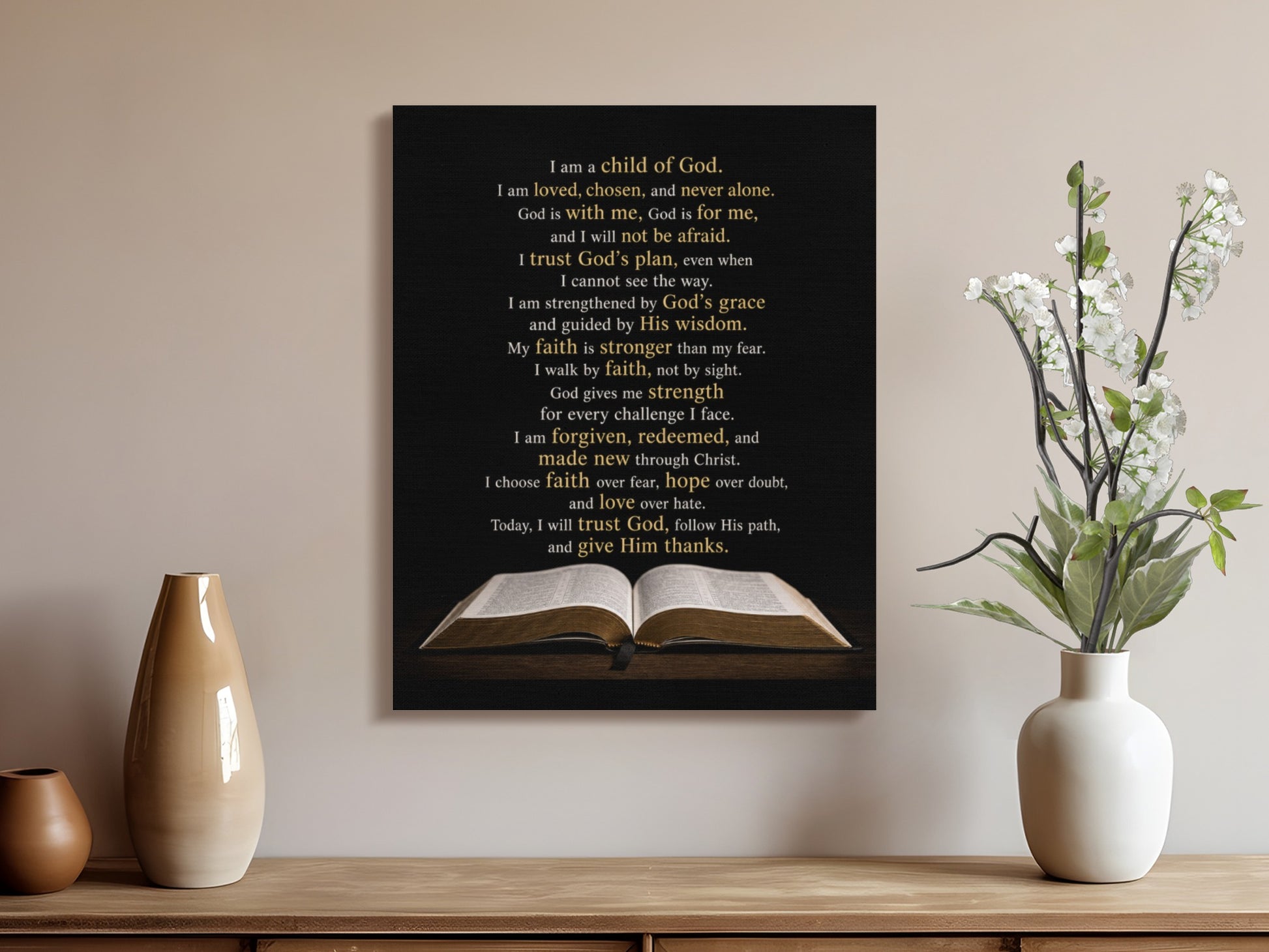 Canvas print with religious text about being a child of God and an open Bible.