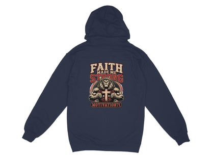 Navy hoodie with "FAITH MADE ME STRONG" text and lion graphic.