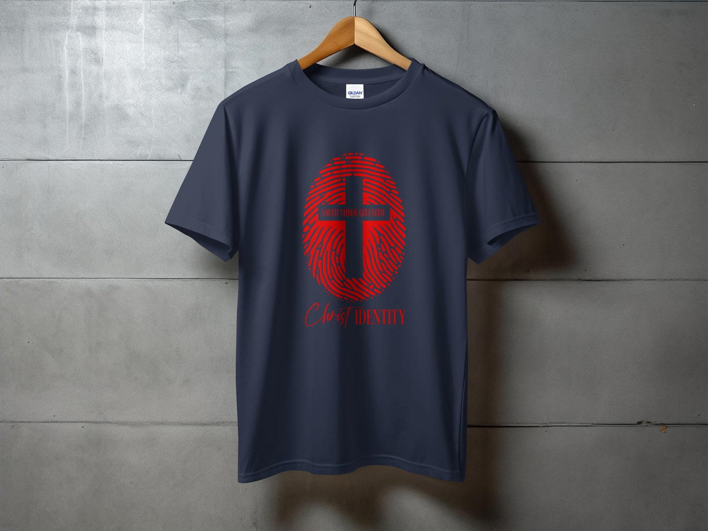 Dark blue t-shirt with red fingerprint cross graphic and "Christ IDENTITY" text.