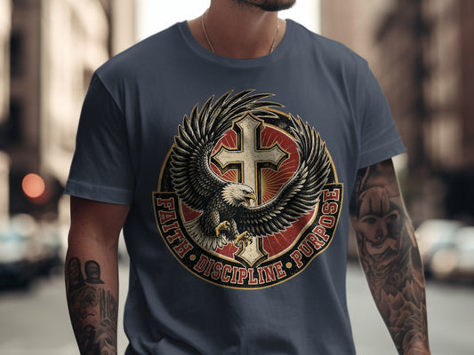 T-shirt graphic with eagle, cross, and text "Faith Discipline Purpose".