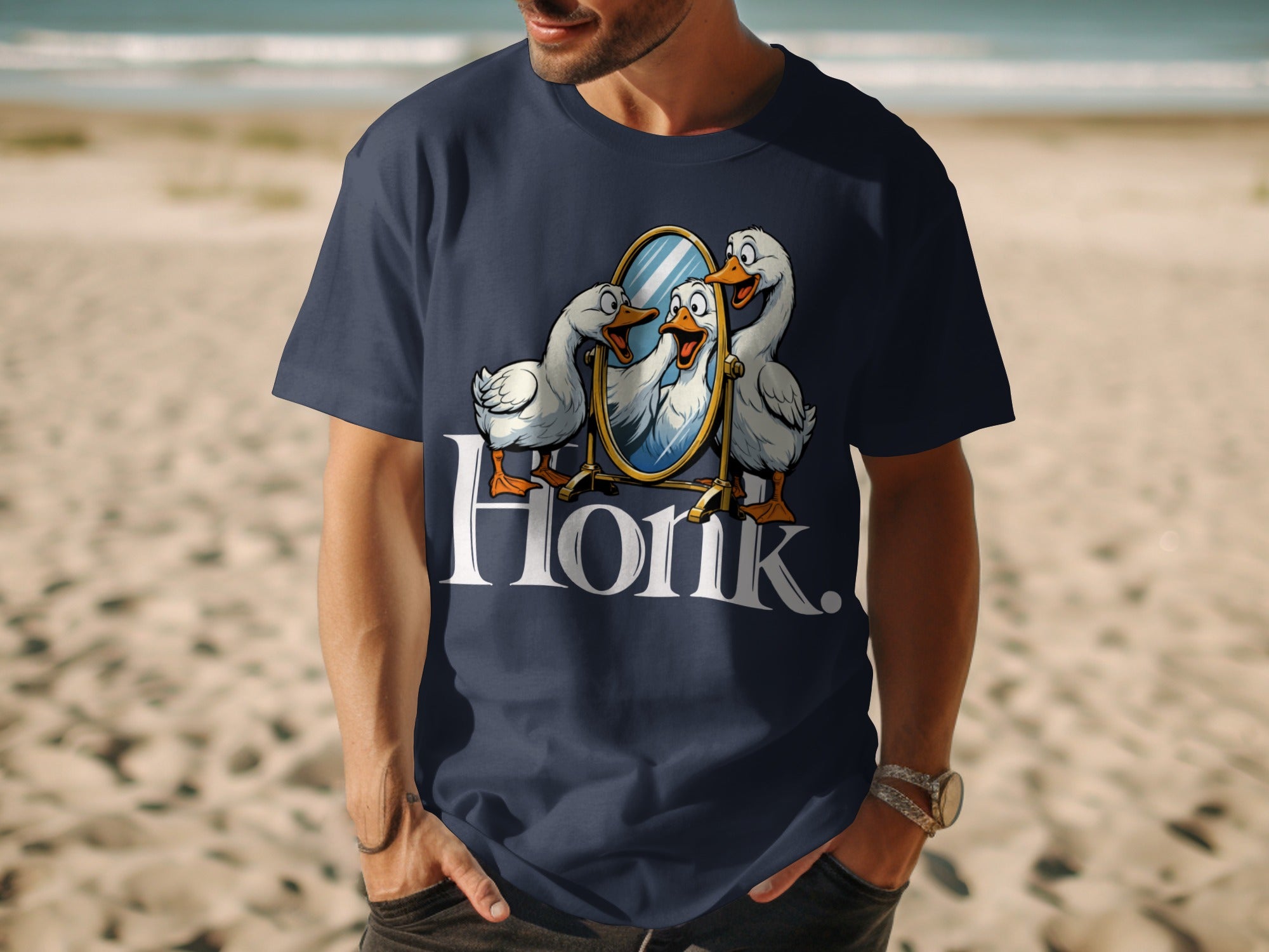 Navy t-shirt with cartoon geese and "Honk." text.