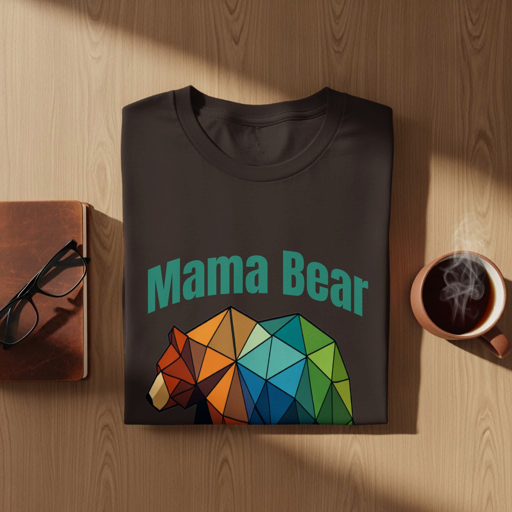 Dark t-shirt with "Mama Bear" and geometric bear design