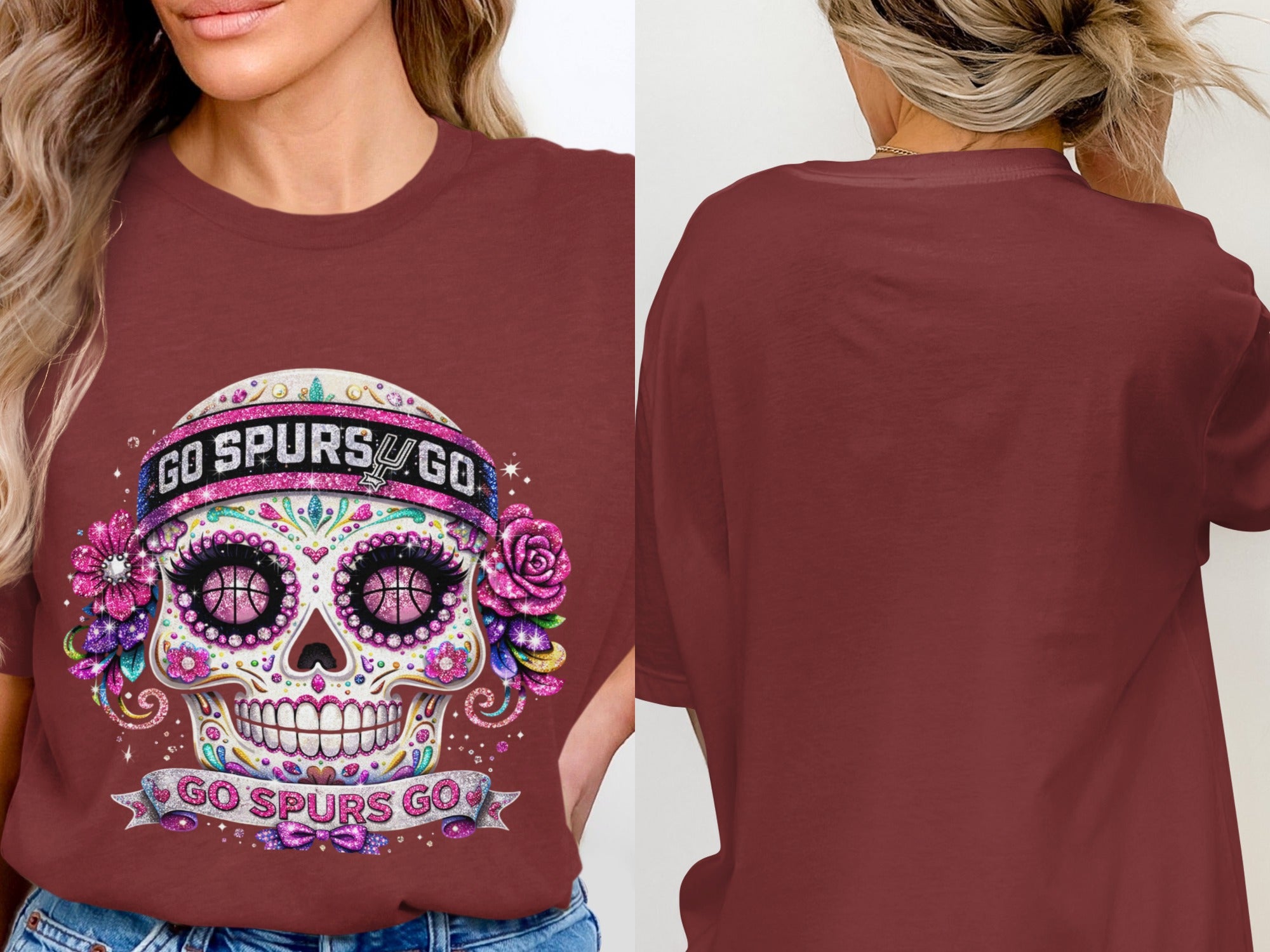 "Go Spurs Go" text on sugar skull with basketball eyes and roses on maroon t-shirt.