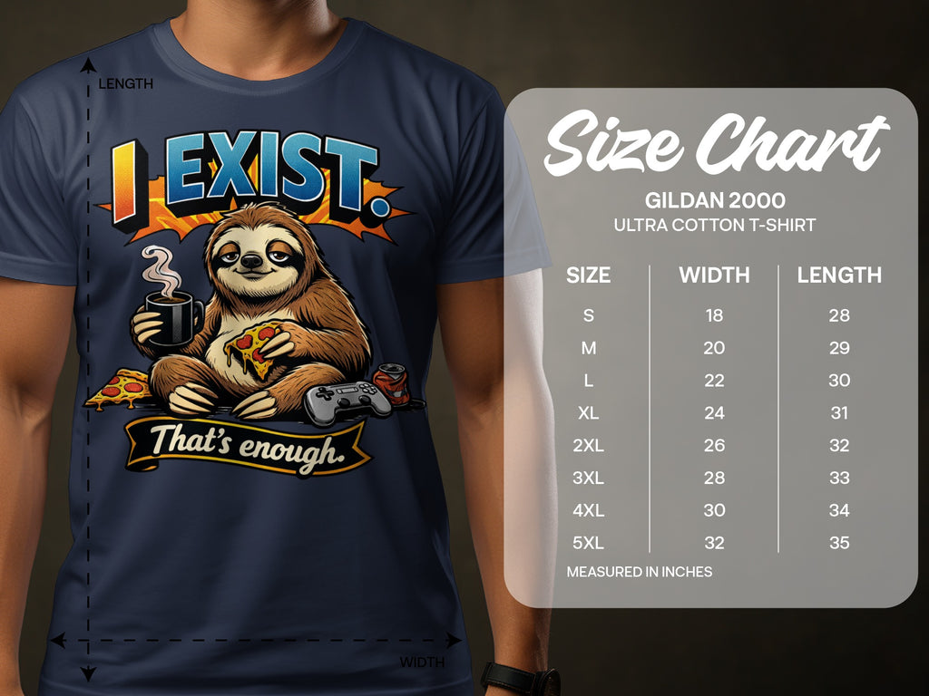 Blue t-shirt with sloth eating pizza holding coffee, "I EXIST" text and size chart.