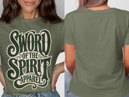 Green t-shirt with "Sword of the Spirit Apparel" graphic; back view.