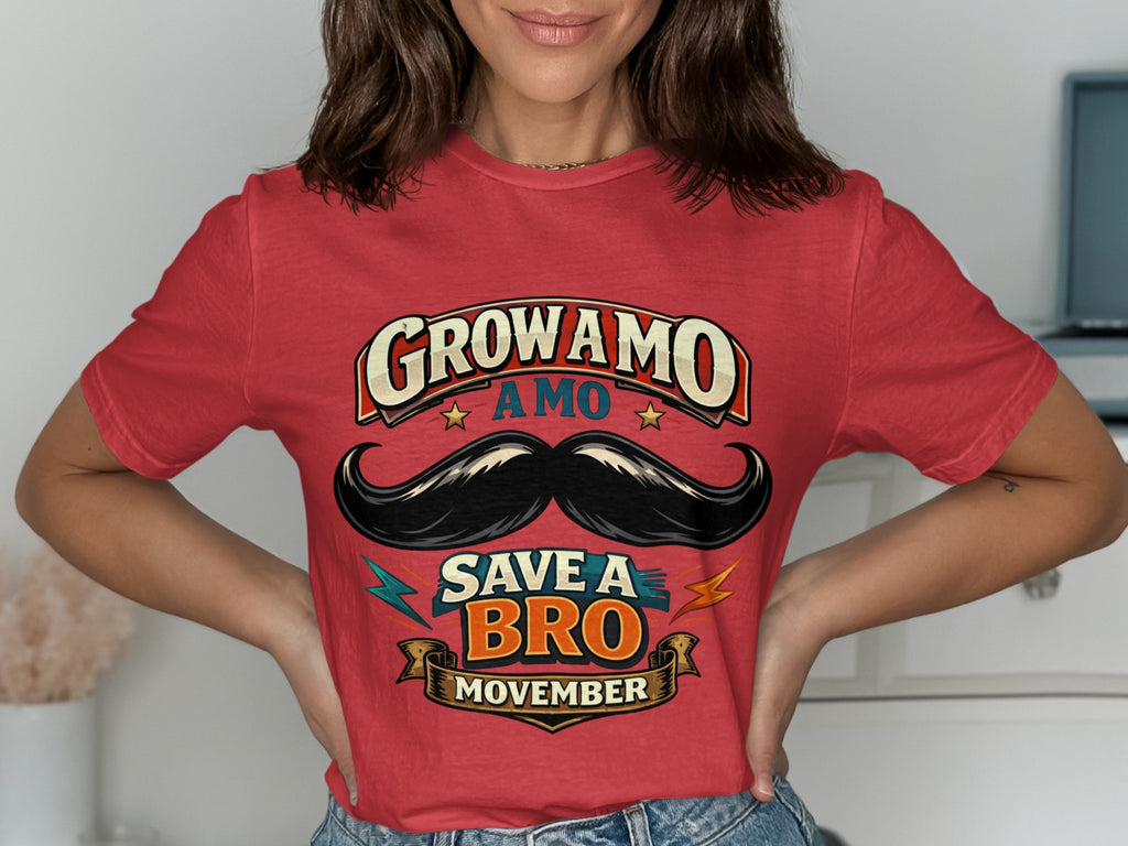Red t-shirt with "GROW AMO SAVE A BRO MOVEMBER" text and mustache graphic.