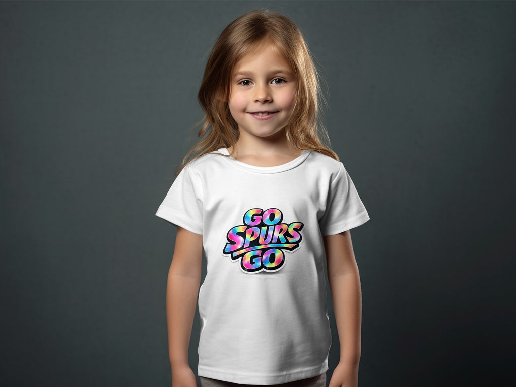 Girl wearing white t-shirt with colorful "GO SPURS GO" graphic.