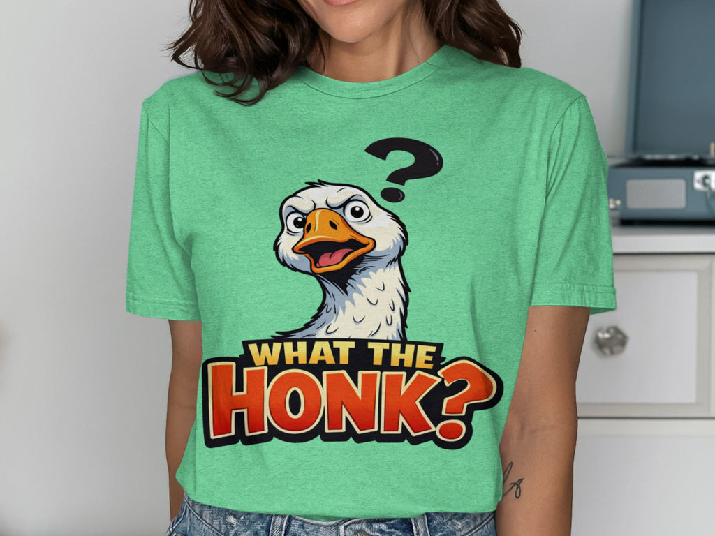 Graphic t-shirt with a confused goose and "What the Honk?" text.