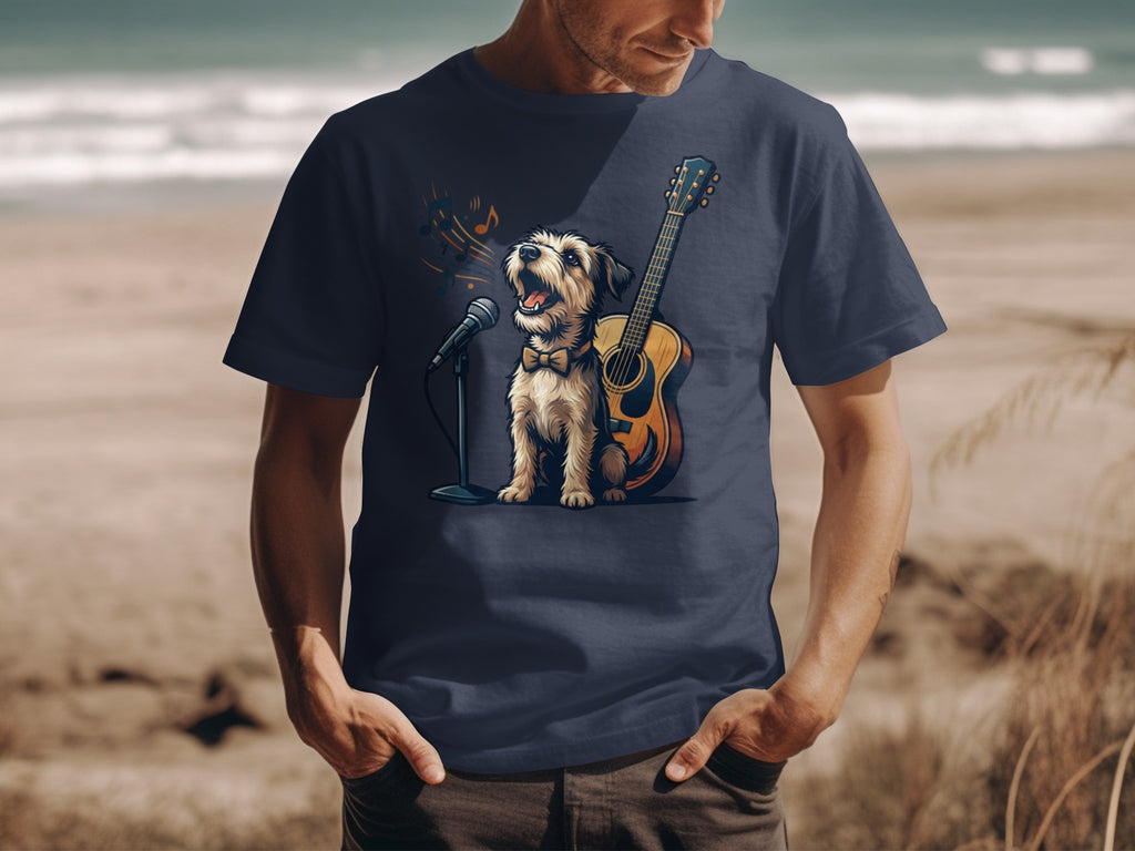 Dog with guitar and microphone on navy blue t-shirt.