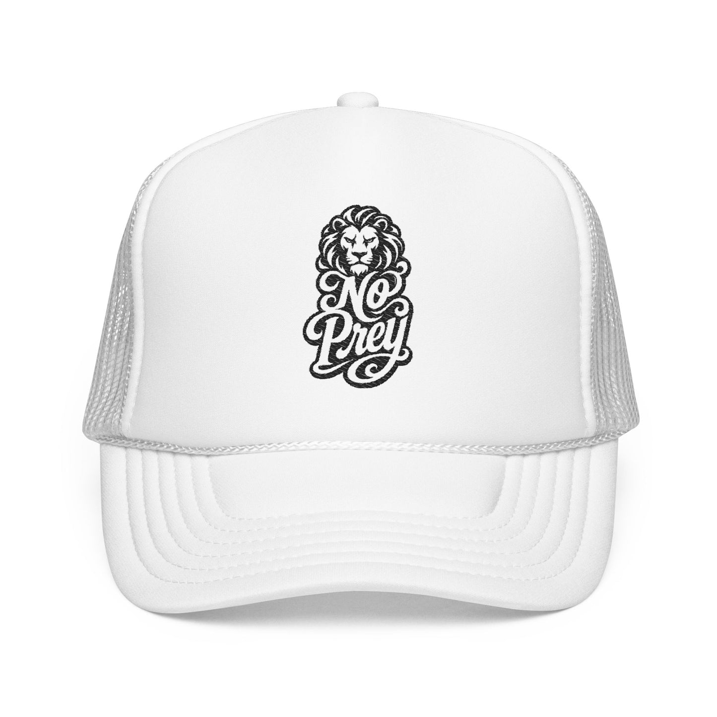 White trucker hat with a black lion head and "No Prey" text logo.
