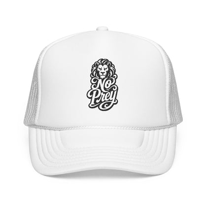 White trucker hat with a black lion head and "No Prey" text logo.