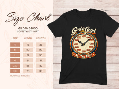 Black t-shirt with "God Is Good ALL THE TIME" graphic and Gildan 64000 softstyle size chart.