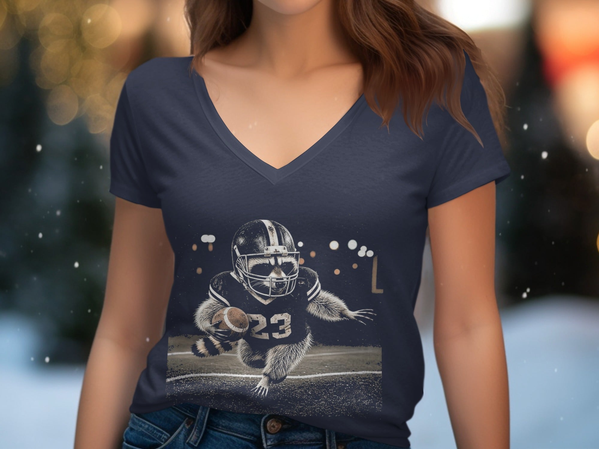 Raccoon in football uniform number 23 running with a football.