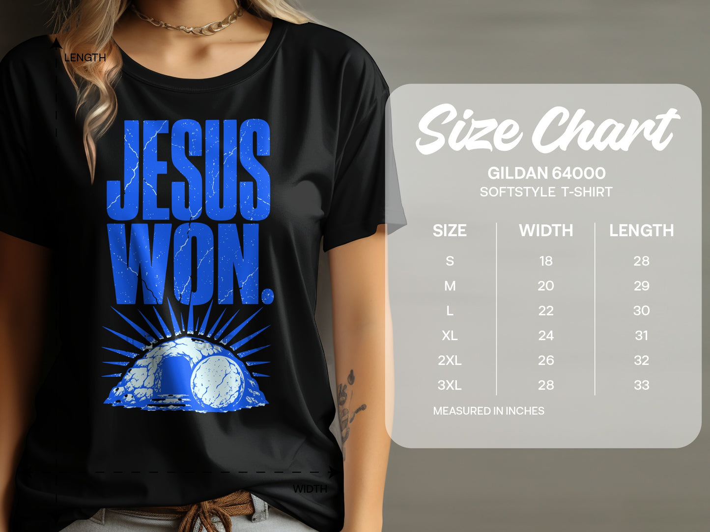 Black t-shirt with blue "JESUS WON." graphic and size chart.