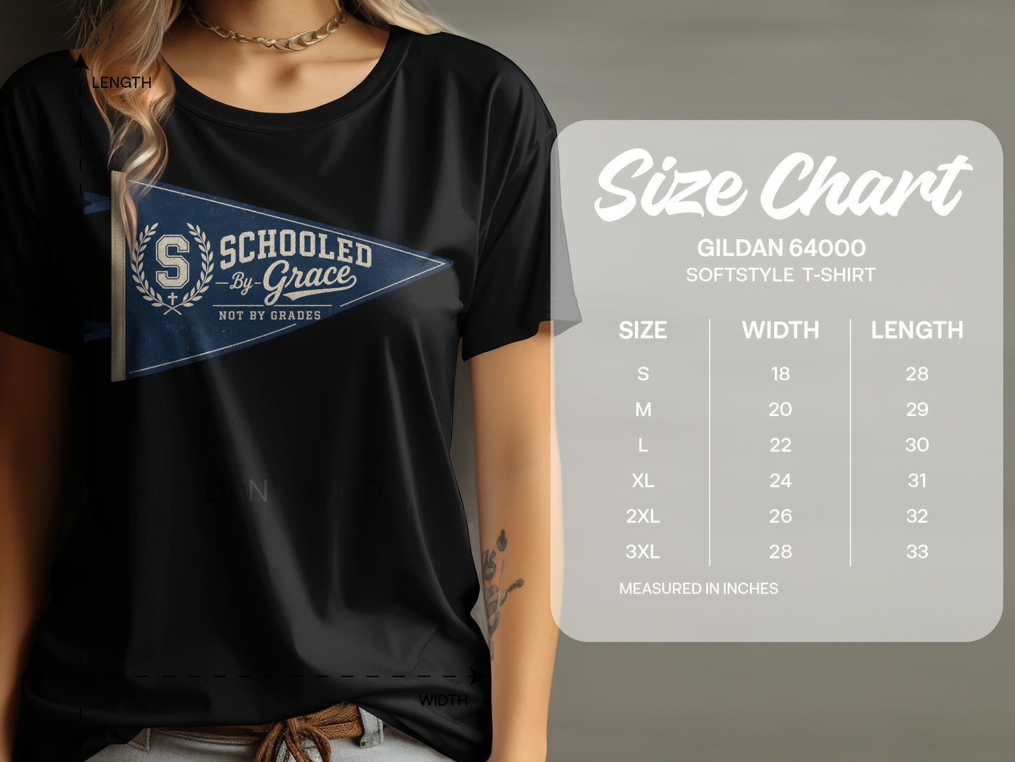 Black t-shirt with "Schooled By Grace" pennant graphic and Gildan 64000 size chart.