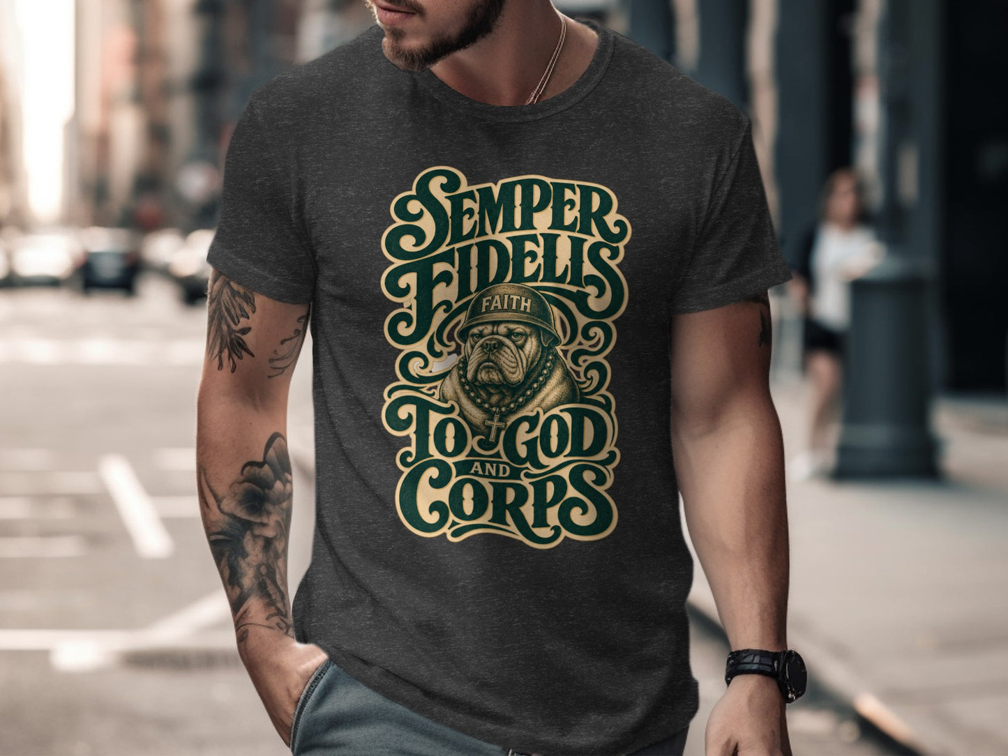 Dark t-shirt with "Semper Fidelis" and bulldog graphic, saying "To God and Corps."
