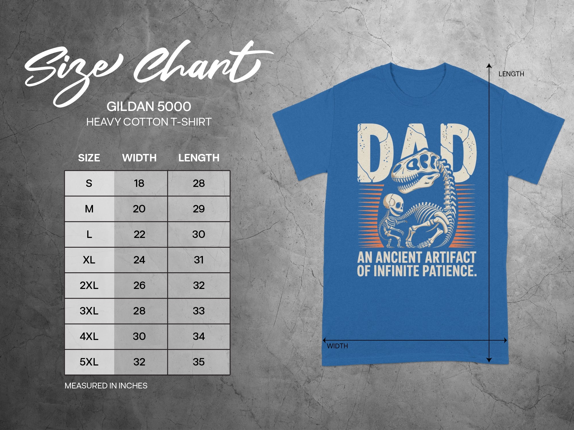 Gildan 5000 Men's T-shirt size chart with width and length measurements.