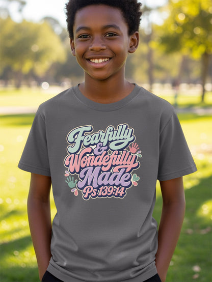 Gray t-shirt with "Fearfully & Wonderfully Made Ps 139:14" text and hand designs.