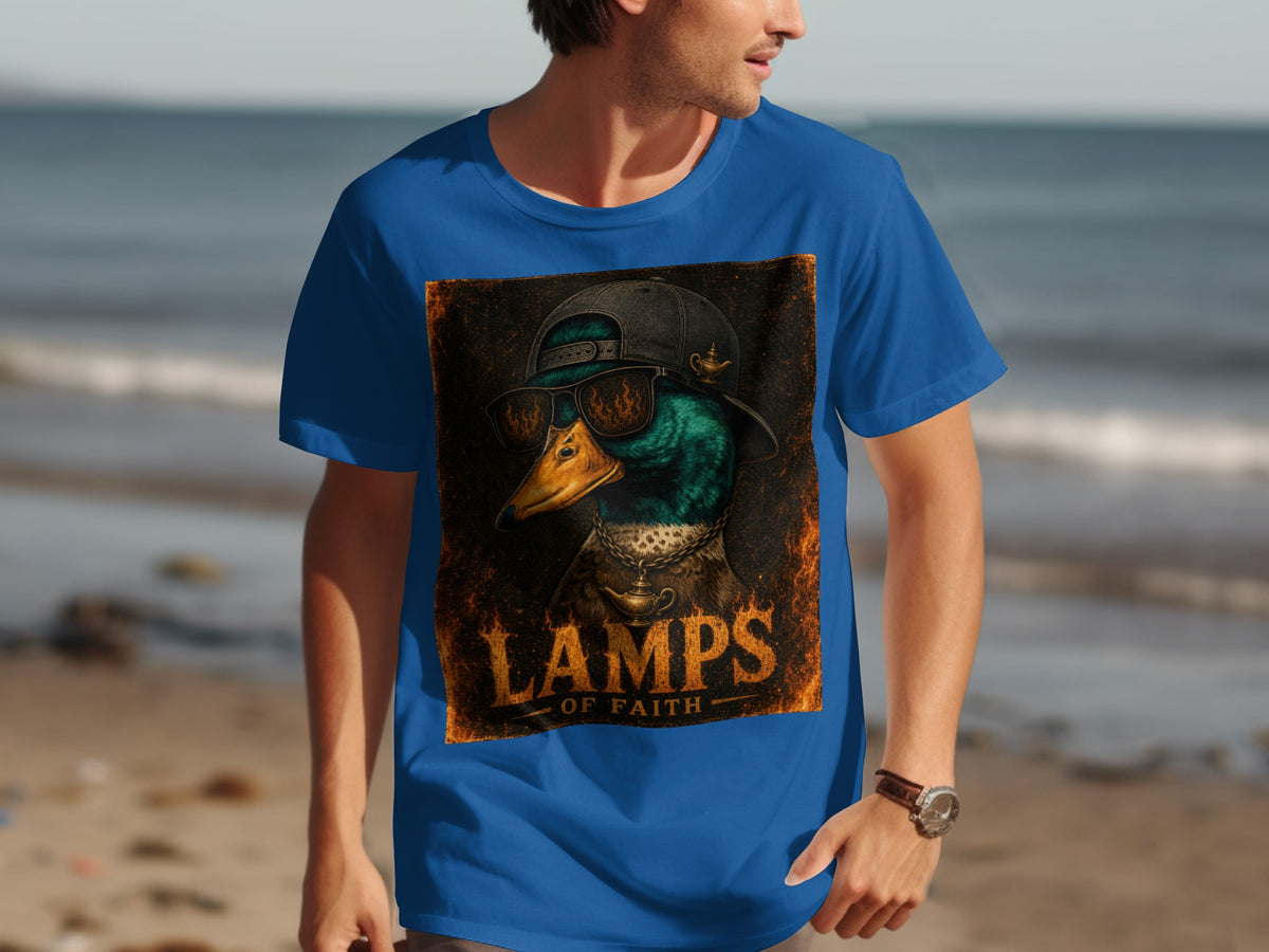 T-shirt with a graphic of a duck wearing sunglasses and a hat, text "LAMPS OF FAITH."