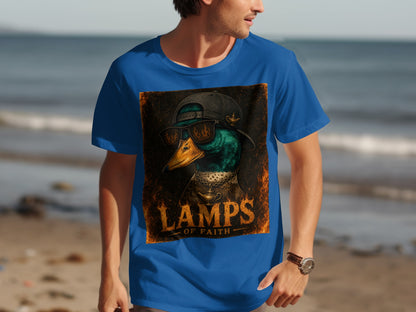 T-shirt with a graphic of a duck wearing sunglasses and a hat, text "LAMPS OF FAITH."