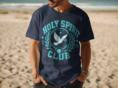 Men's navy t-shirt featuring "HOLY SPIRIT CLUB" with dove and laurel wreath graphic.
