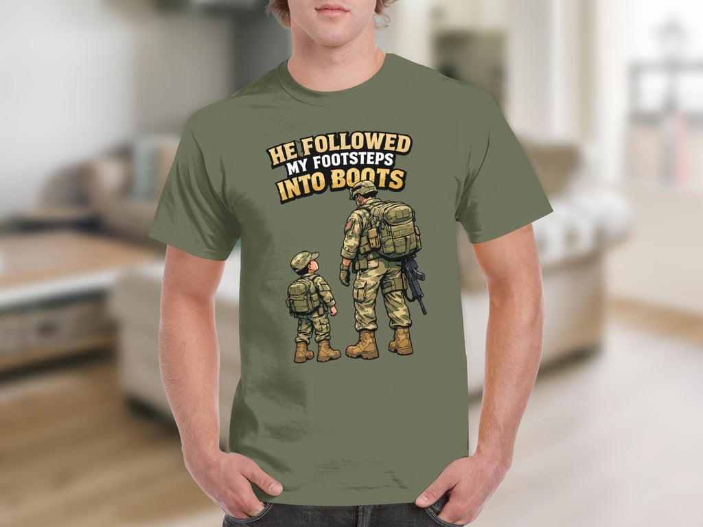 Soldier and child in uniform with text "He followed my footsteps into boots."