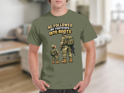 Soldier and child in uniform with text "He followed my footsteps into boots."