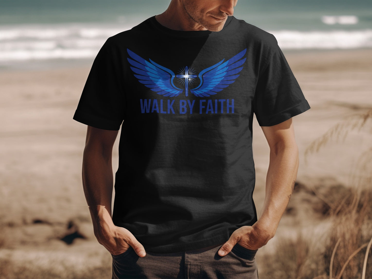 Black t-shirt with blue wings and cross graphic, "WALK BY FAITH" text.