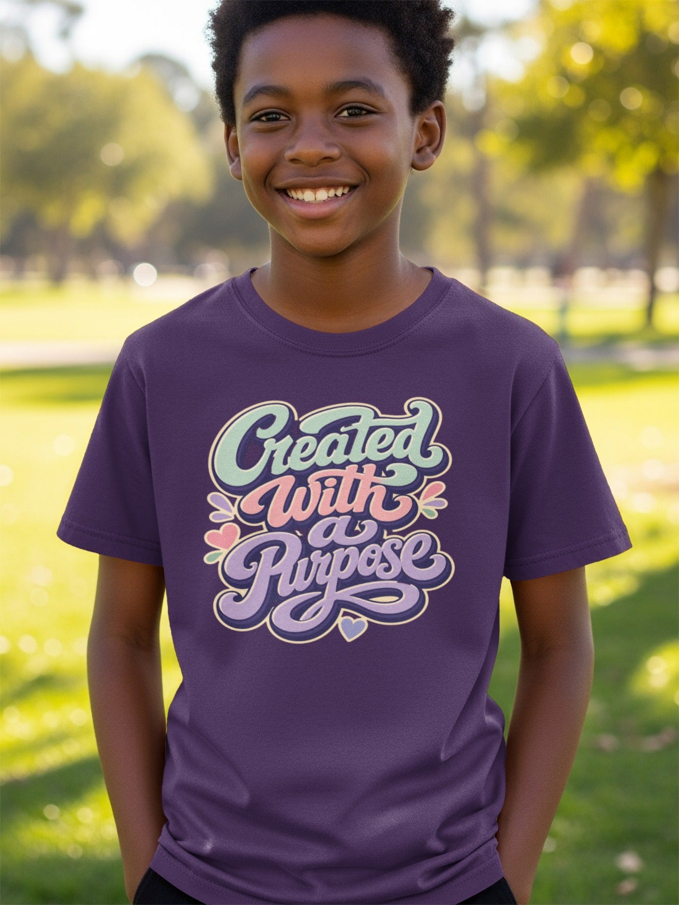 Purple t-shirt with "Created With a Purpose" text in pastel lettering.