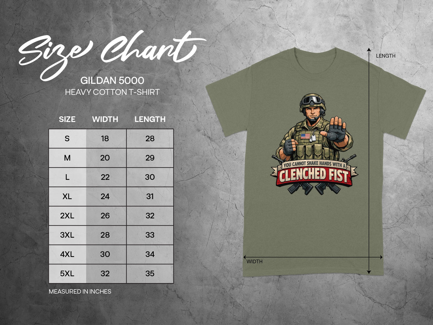 Gildan 5000 heavy cotton t-shirt size chart with measurements and graphic.