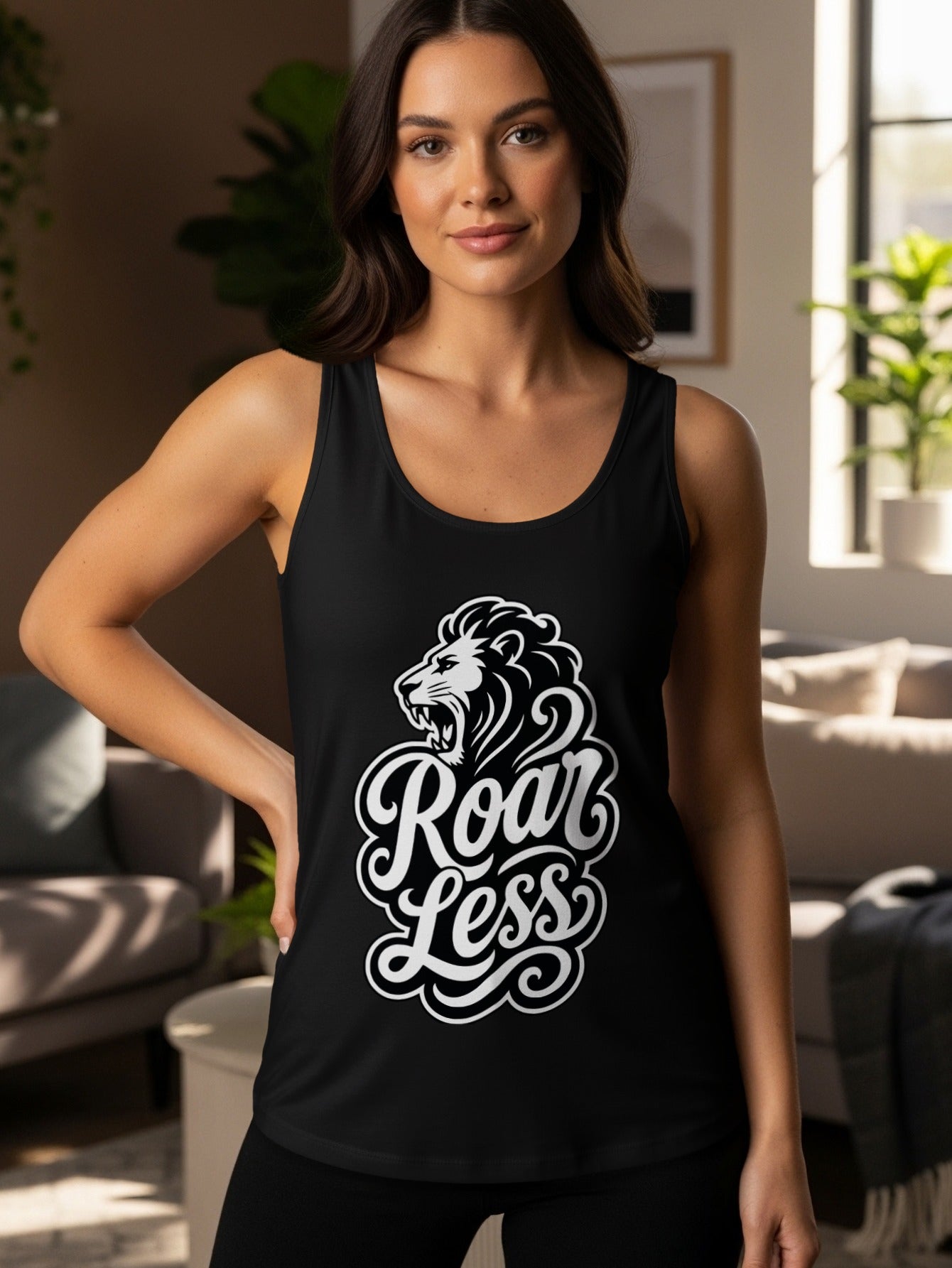 Black tank top with white lion graphic and "Roar Less" text.