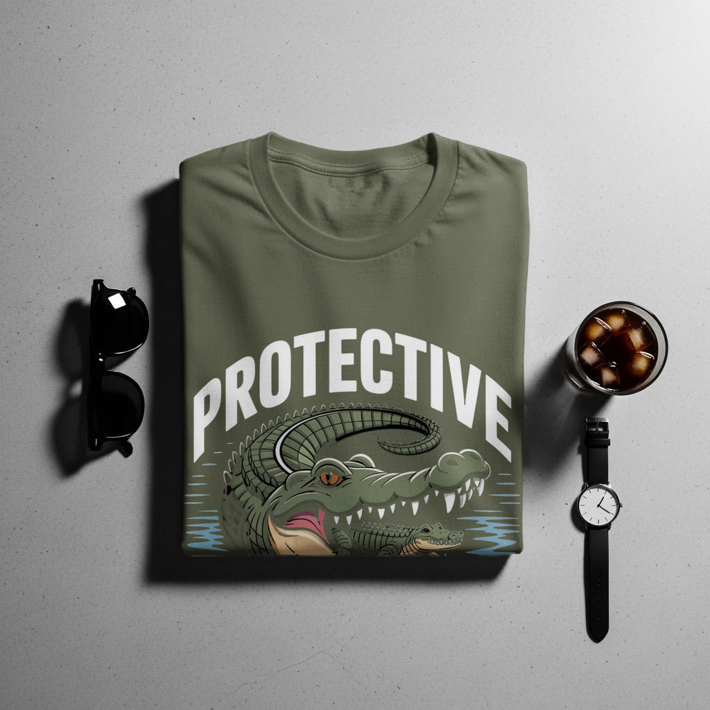 Olive green t-shirt with "PROTECTIVE" text and an alligator graphic.
