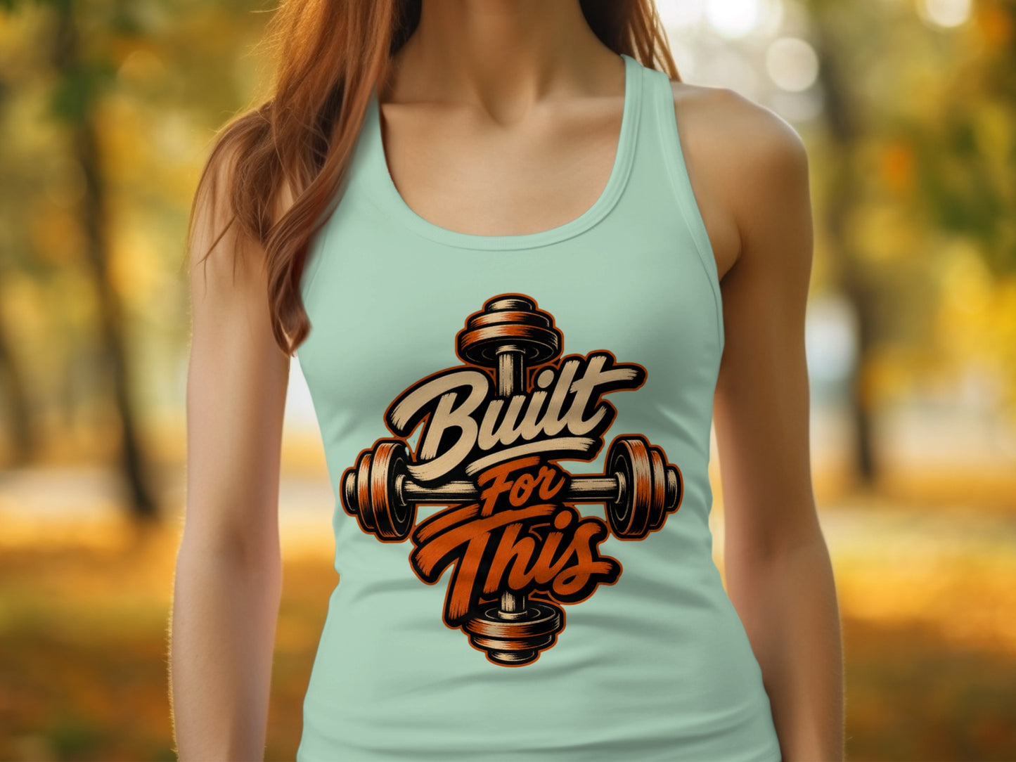 Mint green tank top with "Built For This" text and barbell graphic.