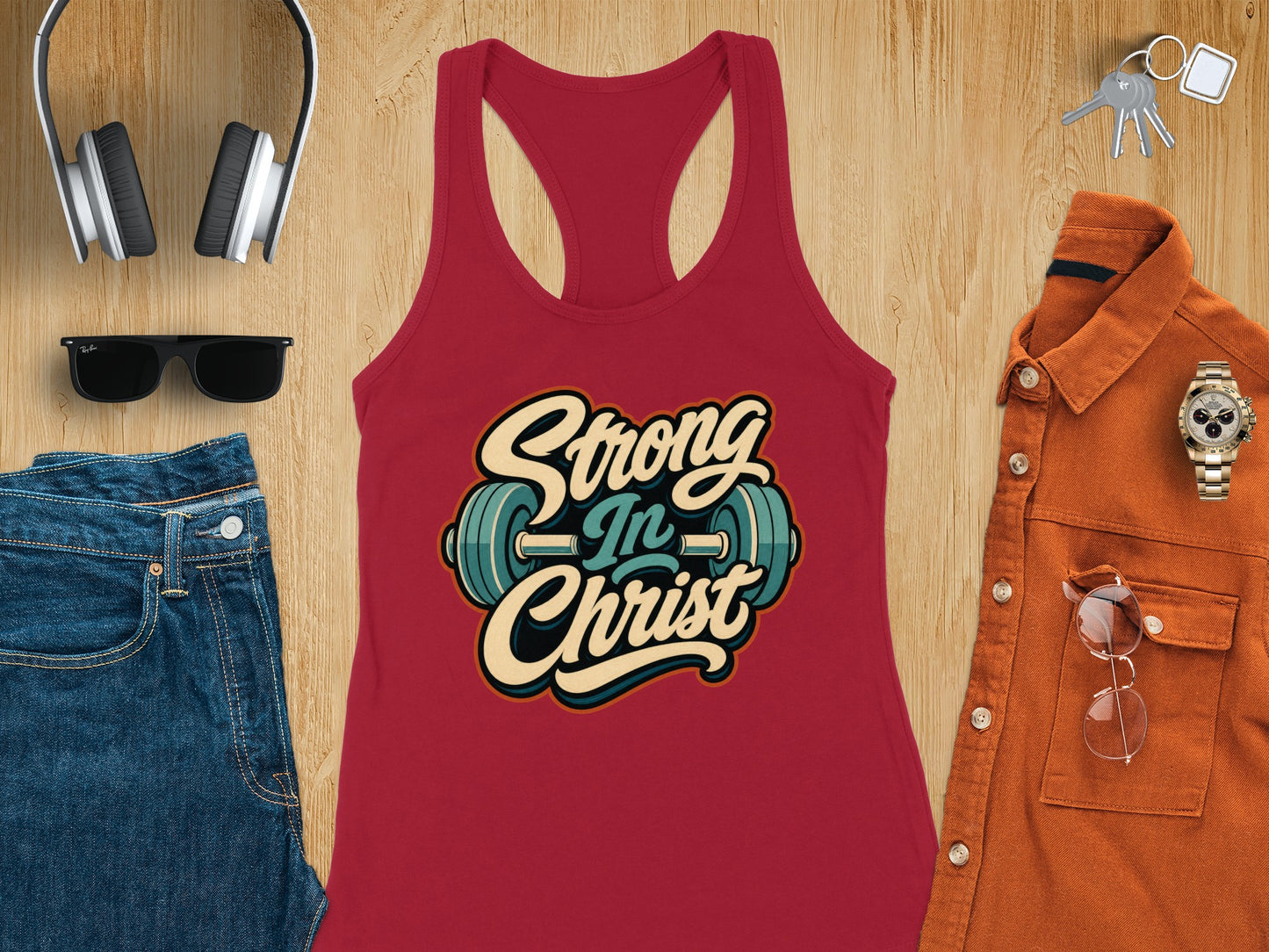 Red tank top with "Strong In Christ" and dumbbell design.