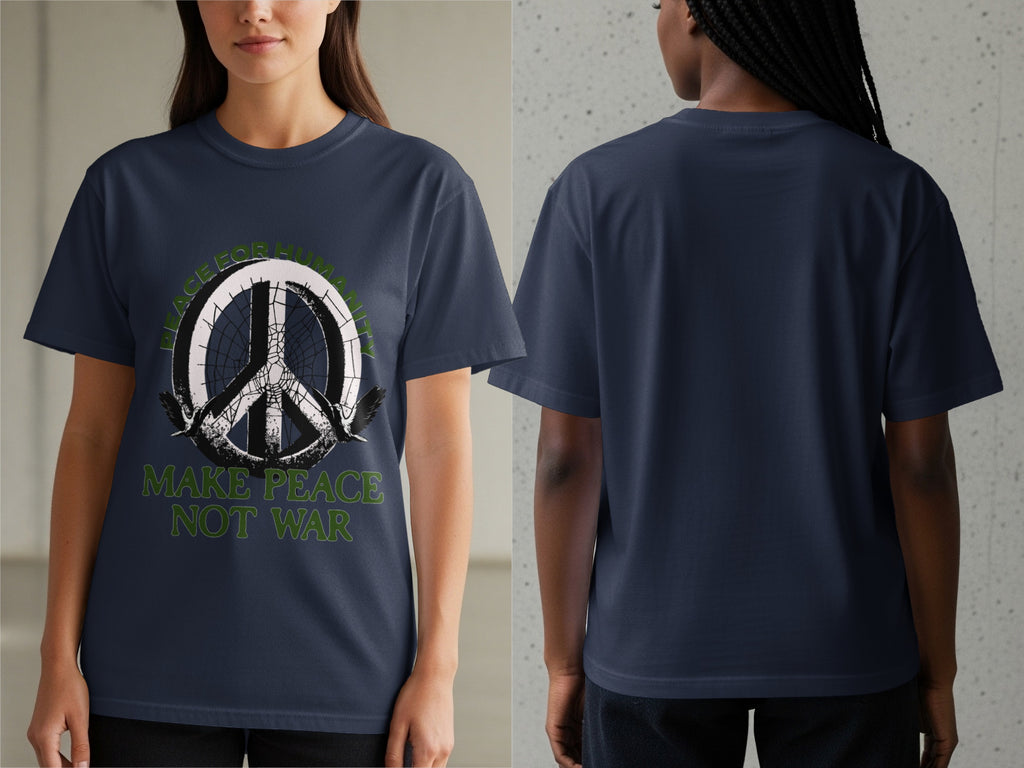 Navy t-shirt with peace symbol, birds, and text "Make Peace Not War."